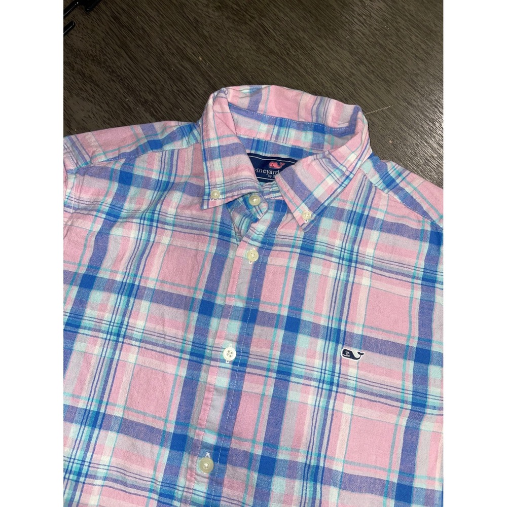 Vineyard Vines Mens Medium Pink Plaid Short Sleeve Cotton Linen Whale Shirt